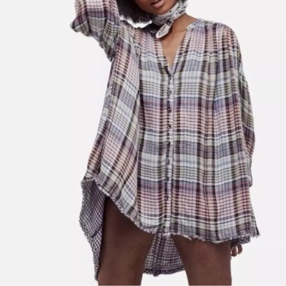 Free People “Come On Over” Oversized‎ Plaid Shirt Size XS